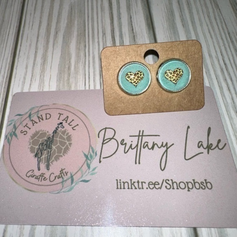 Teal cheetah print heart round 12mm earring set new